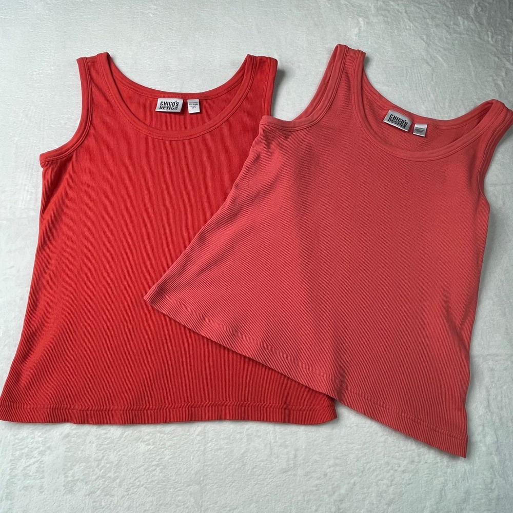 Chicos Design Womens Ribbed Tank Top 2 Pack Red Coral Cotton Scoop Neck Size 2